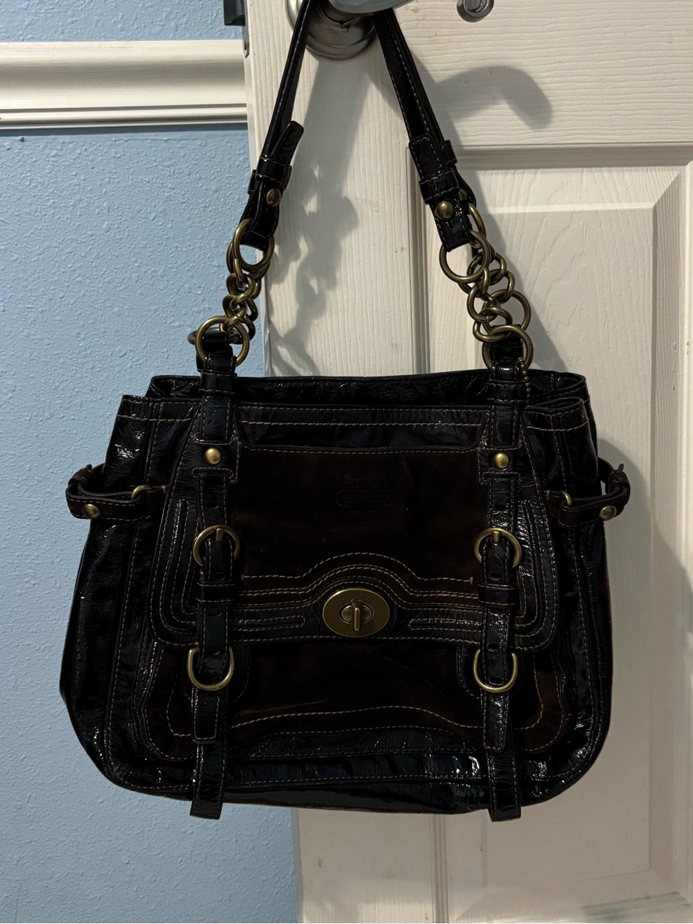 Coach Legacy Garcia Brown Patent Leather Suede Satchel Tote Bag
